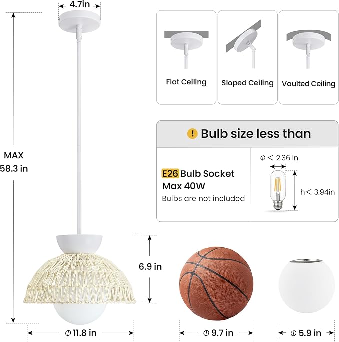 AIJIASI Rattan Pendant Light, 11.8" Hand Woven Boho Pendant Light Fixture with Milk Glass Globe, Gold Kitchen Pendant Lighting Over Island Adjustable Chandelier for Dining Room Hallway Foyer