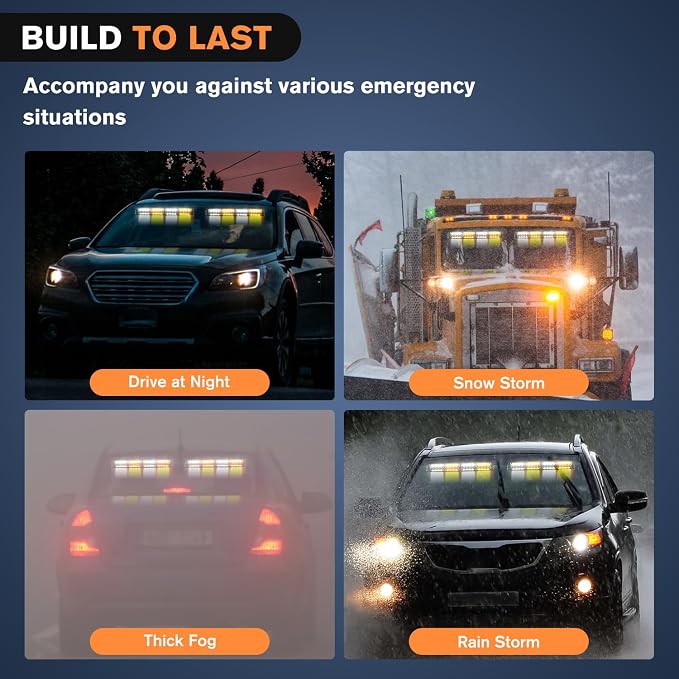 Nilight 32LED Amber White Emergency Dash Strobe Lights with Controller | Suction Cups Warning Hazard Interior Front/Rear Windshield Deck Split Light Bar for Trucks Construction Vehicles