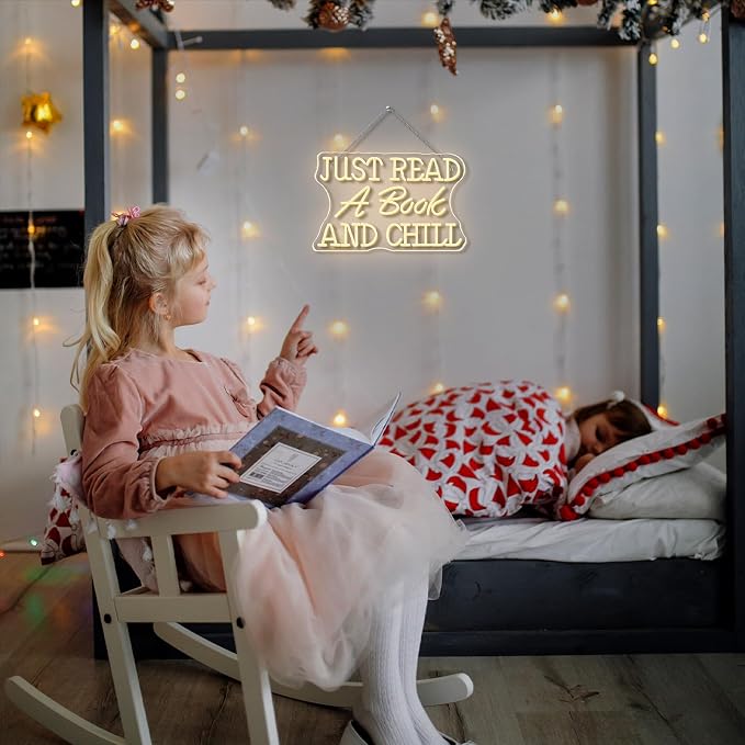 Just Read a Book and Chill White LED Neon Lights Wall Decor LED Sign with Dimmable Switch Neon Light Up Sign for Classroom Bookstore Library Study Room Reading Party