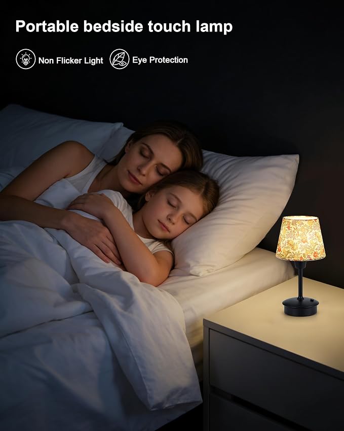 UMEXUS 9.8'' Small Cordless Table Lamp, 5200mAh Battery Operated Touch Lamp | Rechargeable Dimmable Warm Light for Restaurant, Portable Night Light for Bedside Dining Bar Kitchen Outdoor, Floral Pattern