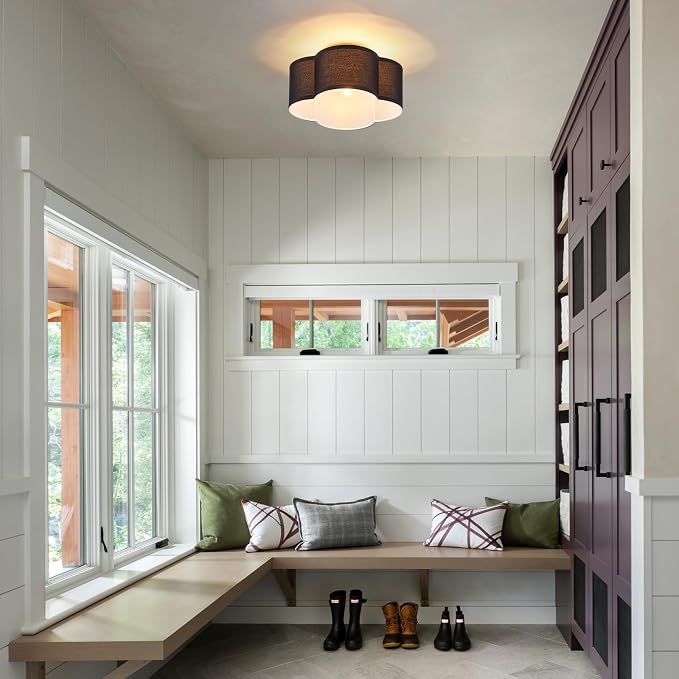 VILUXY Black Semi Flush Mount Ceiling Light Fixture, 4-Light Modern Ceiling Light with Linen Fabric Shade Farmhouse Drum Close to Ceiling Light for Bedroom Hallway Nursery Entryway, UL Listed