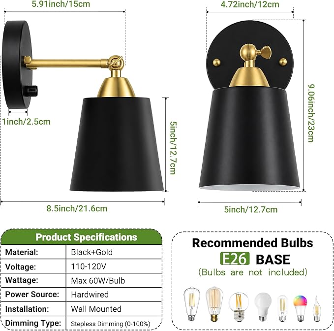 Dimmable Wall Sconces Set of 2, Wall Mounted Bedside Lamps with Rotary Switch, Black & Gold Sconces Wall Lighting, Bathroom Light Fixtures with Metal Shade, Wall Lights for Bedroom Living Room