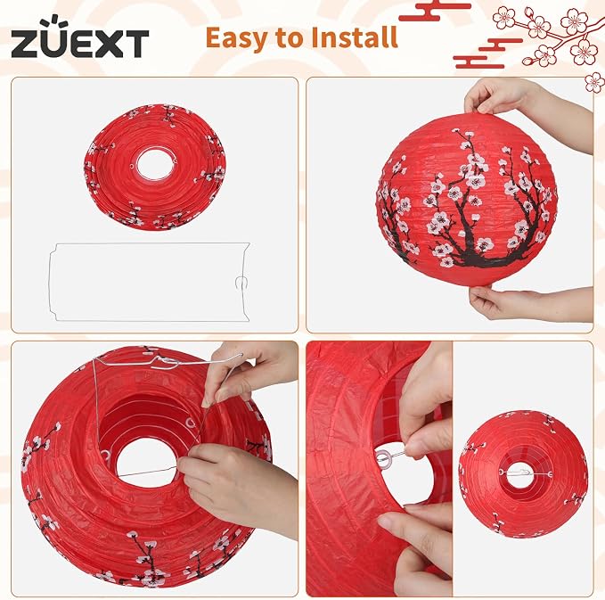 6 Pcs Red Paper Lanterns Decorative 10x12 Inch, ZUEXT Cherry Blossom Hanging Round Chinese/Japanese Lantern for Festival Theme Birthday Party Wedding Home Yard Japanese Eateries Decor Oriental Style