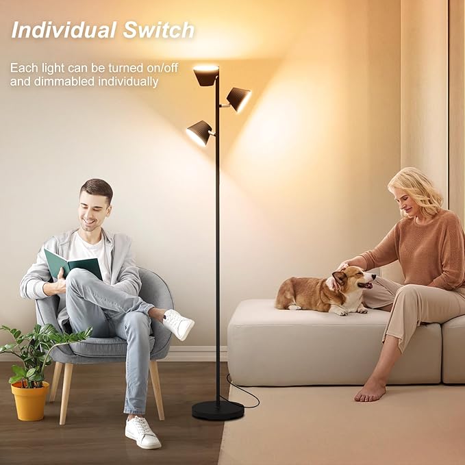 LED Tree Floor Lamp, 42W 4500lm Dimmable Standing Lamp with Remote & Touch Control, Modern Super Bright 3 Rotatable LED Light Floor Lamps for Living Room, Bedroom, Office, Reading Room