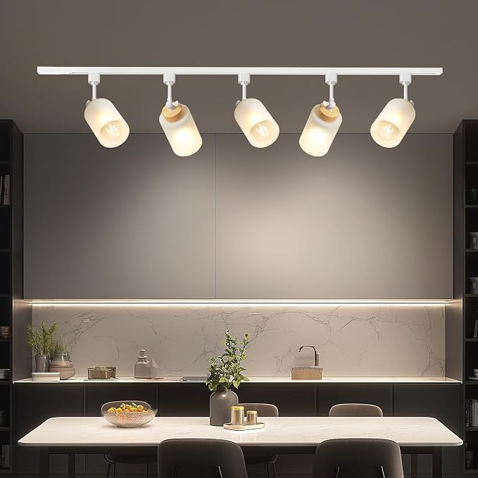 H Type Track Lighting Heads with Glass Lamp Shade, White 4 Pack | E26 Track Light Ceiling Modern for Kitchen, Compatible with H Track Rail System, Wood Style Pendant Light Fixtures - No Bulbs