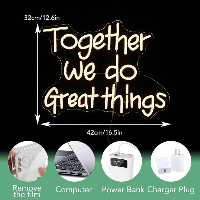 Together We Do Great Things Neon Sign Dimmable Inspirational Neon Light Signs Wall Art Decor for School Home Office Positive Classroom Decor USB Neon Light 16.5 * 12.6 IN