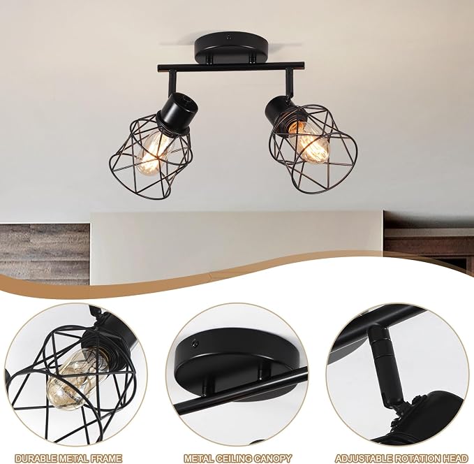 2 Lights Adjustable Multi-Directional Black Light Fixtures, Semi Flush Mount Ceiling Light, Kitchen Light Fixtures Ceiling Mount, Geometric Metal Cage Industrial Spotlight Fixtures for Dining Room