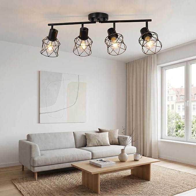 SOTTAE 4-Light Track Ceiling Light, Black Metal Birdcage Semi Flush Mount Ceiling Light, Adjustable Multi-Directional Spot Light, Farmhouse Ceiling Lamp for Living Room Kitchen Dining Bedroom Hallway