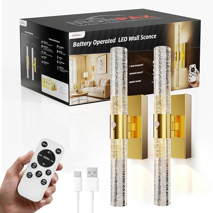 IRONPAX Wall Sconces Battery Operated Set of 2, Wireless Rechargeable Wall Sconce Set of Two, Dimmable Wall Lights with Remote for Bedroom Living Room Hallway Decor (Brushed Gold, Bubble Crystal)