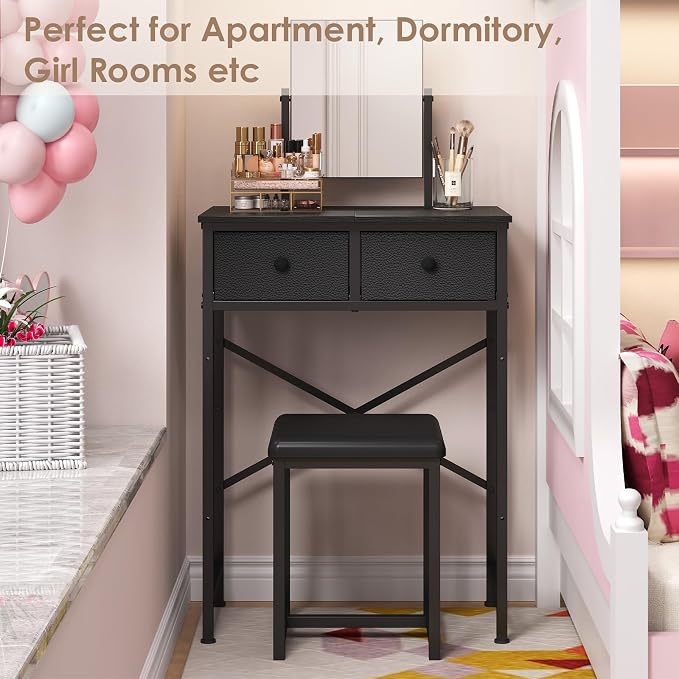 X-cosrack Black Small Vanity Desk with Mirror & Chair, 19.7" W Mini Vanity Desk Table Set with Fabric Storage Drawer for Kids, Girls, Teens, Dressing Table with Chair for Bedroom