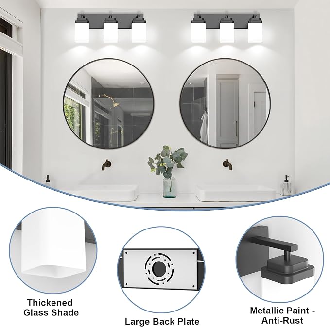 Matte Black Bathroom Light Fixtures, 3 Lights Bathroom Lighting Fixtures Over Mirror, Square Design & Rectangle Large Backplate, Modern Vanity Lighting Fixtures, for Living Room/Bedroom