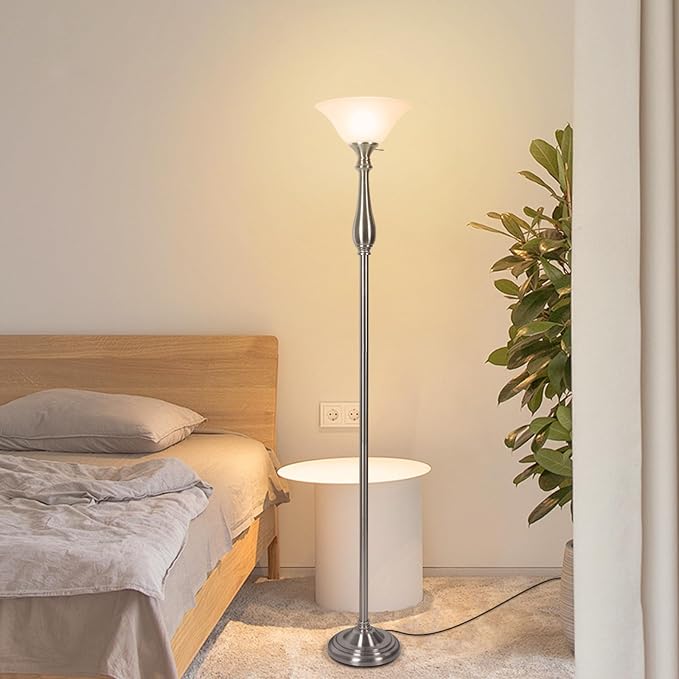 Torchiere Floor Lamps for Living Room Bedroom, 72" Tall Alabaster Glass Bowl Shade with No Bulb, Standing Lamp Iron Brushed Nickel for Corner,Office, Home Decor