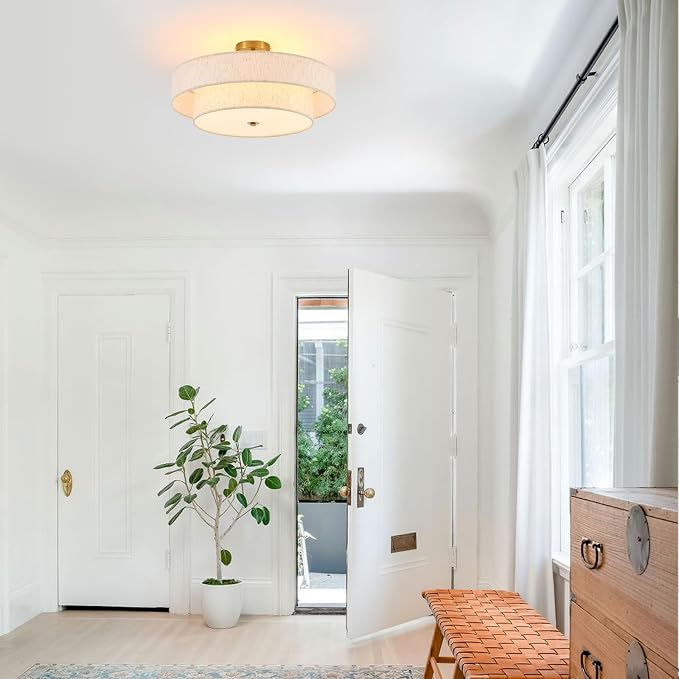 Modern Semi Flush Mount Ceiling Light 21.7" Modern Gold 4-Lights Drum Ceiling Lighting Fixture Vintage Linen Golden Ceiling Lamp for Laundry Room, Kitchen, Living Room, Dining Room, Bedroom