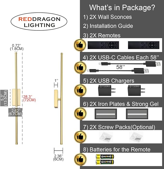 Set of 2 Rechargeable Gold Wall Sconce Peel and Stick Easy Mount | Battery Powered Cordless Picture Lights, Home Decor Linear Wall Sconces for Bedroom Living Room Hallway (28.3'')