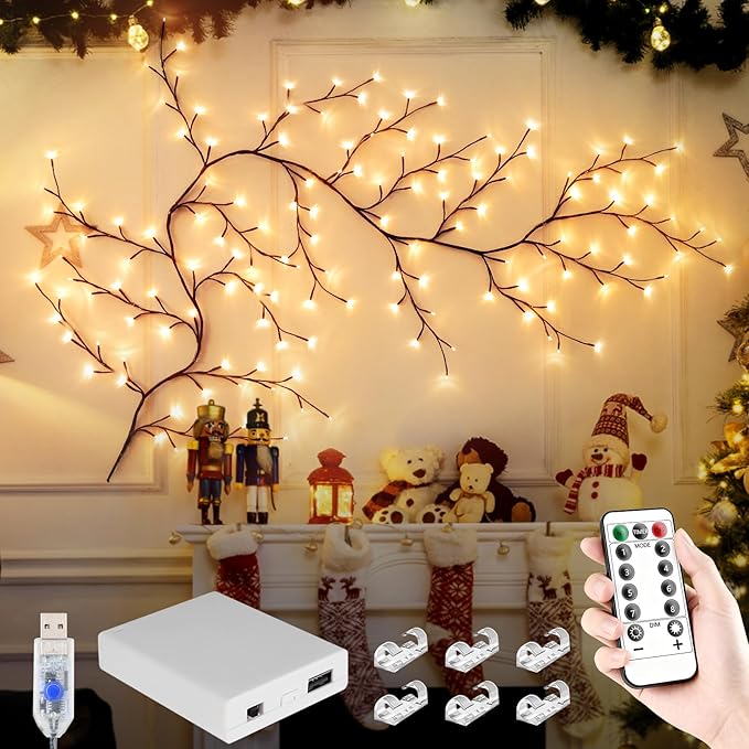 7.55FT 144LED Brown USB Tree Branch Lights for Wall with USB Battery Box | Enchanted Willow Vine Lights for Bedroom Doors Wedding, Christmas with Remote Timer,8 Light Model,USB Battery Box