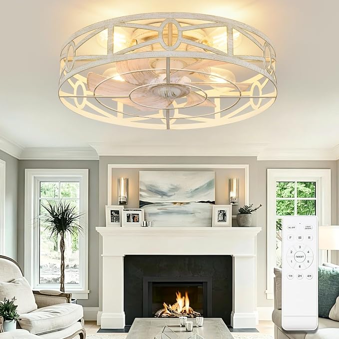 Depuley Flush Mount Ceiling Fan: 20" Caged Ceiling Fans with Remote Control for Patio Kitchen Bedroom - Low Profile Fandelier Lights Fixture Reversible 6 Speed Timer Cement 4*E26 Bulb Not Included