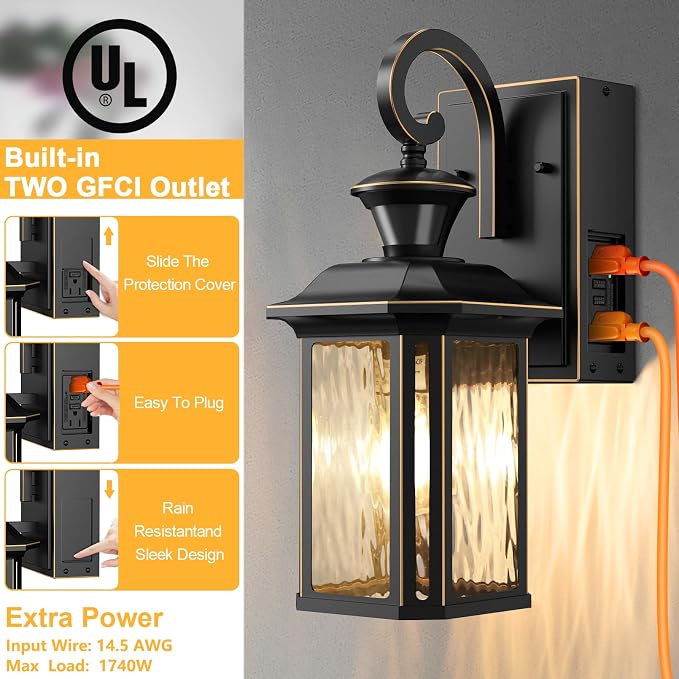 Porch Lights with GFCI Outlet, Motion Sensor Wall Light, Dusk to Dawn Exterior Light Fixture for House, Waterproof Outside Anti-Rust Wall Mount Lantern for Front Door Patio Garage, Black