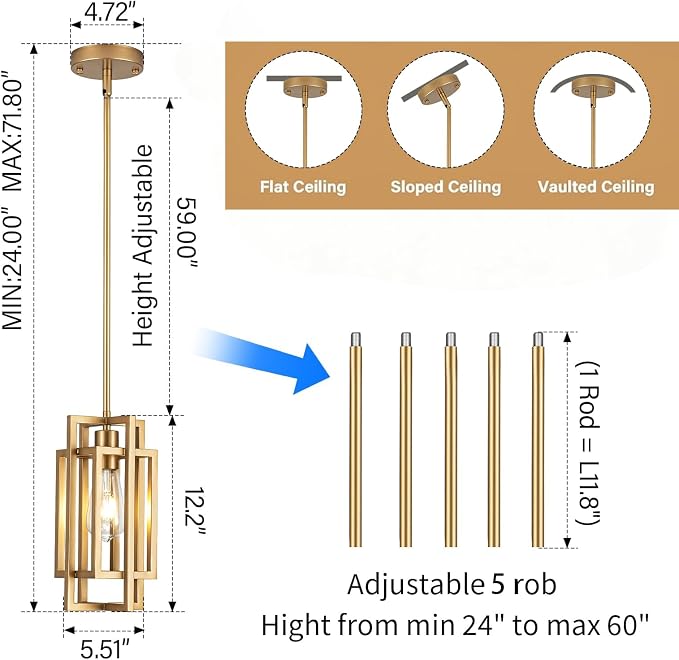 Modern Pendant Light Fixtures 2 Pack 1 Light, Gold Finish Cage Farmhouse Pendant Lights with Max 59'' Adjustable, Small Square Pendant Ceiling Hanging Light for Kitchen Island Dining Room Entryway