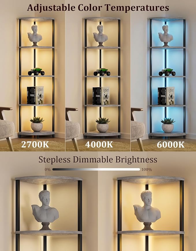 Corner Shelf with LED Light, 5 Tier Smart Color Changing Floor Lamp with Remote, 62" Display Shelf Bookshelf Narrow Storage Rack Standing Lamp for Living Room Bedroom Home Office Decor, Grey