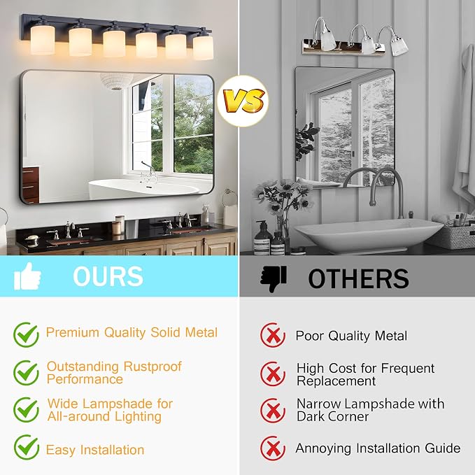 Modern Bathroom Light Fixtures Over Mirror, Vanity Lights for Bathroom Wall Sconces with Milky White Glass Shades, E26 Socket (Bulbs Not Included), 6 Light, Black