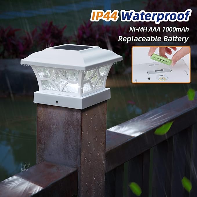 APONUO Solar Post Cap Lights 4 Pack with 1000mAh Battery - for 4x4 5x5 6x6 Fences, Larger Size & Longer Lasting, 2-Mode, IP64 Waterproof, for Deck Patio Yard (White)