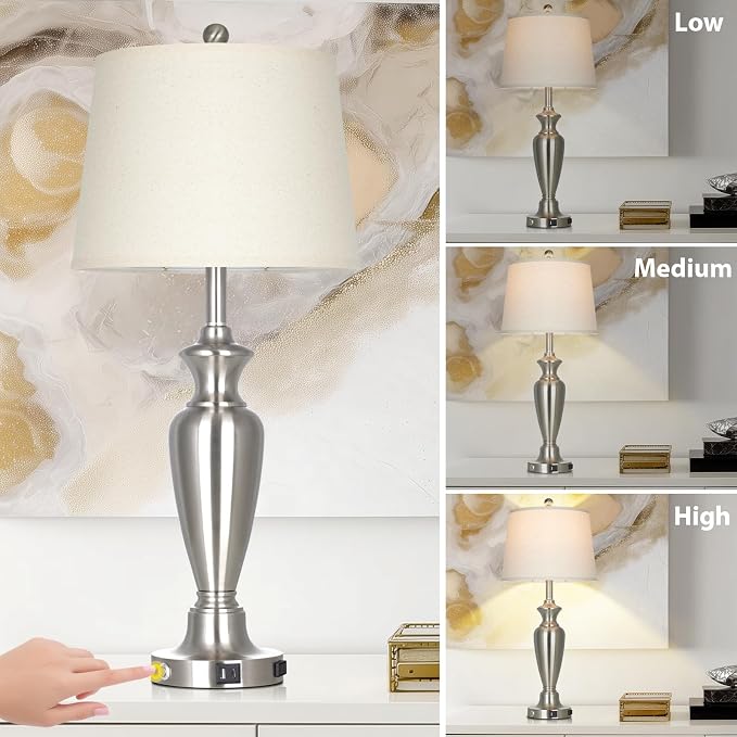 30" Tall Silver Table Lamps Set of 2 for Living Room, Touch Control Bedside Lamps for Nightstand, 3-Way Dimmable Bedroom Table Lamp with USB A+C Ports and AC Outlet (2 LED Bulbs Included)