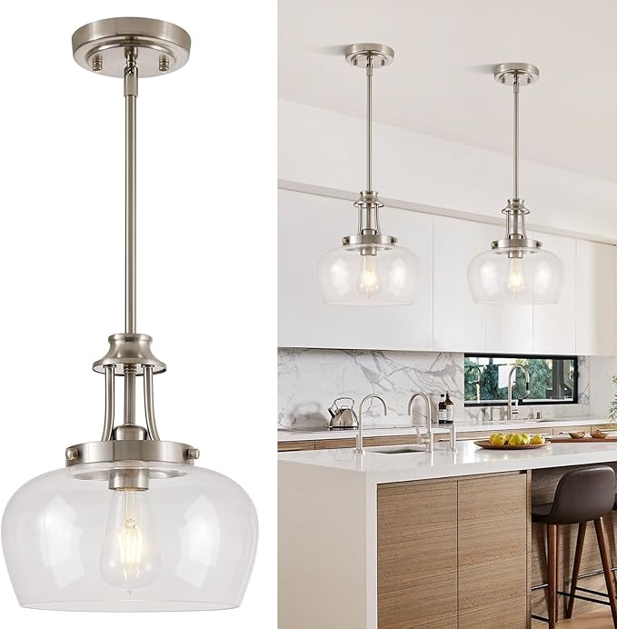 Modern Pendant Lights Kitchen Island, Brushed Nickel Pendant Light Fixtures with 10" Clear Glass Shade, Industrial Hanging Pendant Lights Fixture for Kitchen Island Dining Room Bedroom Foyer Entryway