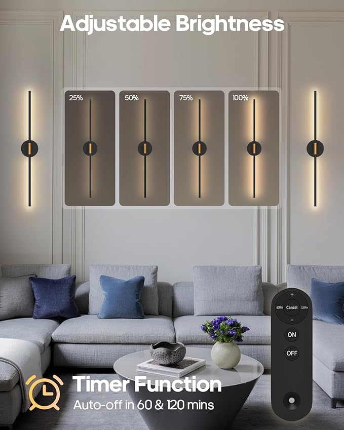 Battery Operated Wall Sconces Set of 2, 360° Rotatable Wall Sconce with Remote, 3000K Dimmable Magnetic Mount Wall Sconces, Rechargeable 28.3inch Wall Lights for Bedroom, Living Room, Dinning Room