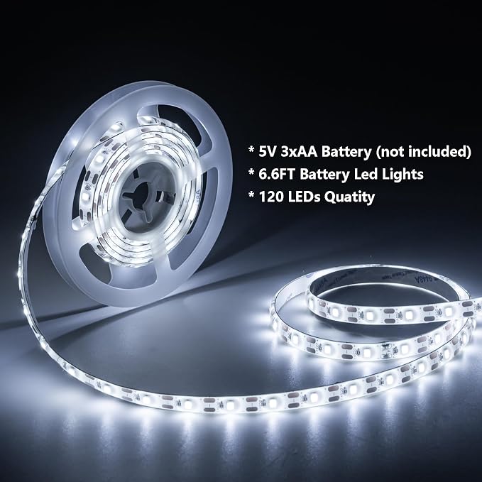 Battery Powered Led Strip Lights,6.56FT 120Led Battery led Strip Lights for Remote,Blinking,Dimmable,Timer,Cuttable,for Indoor Outdoor TV Table Boat Kitchen Christmas,Waterproof（White）