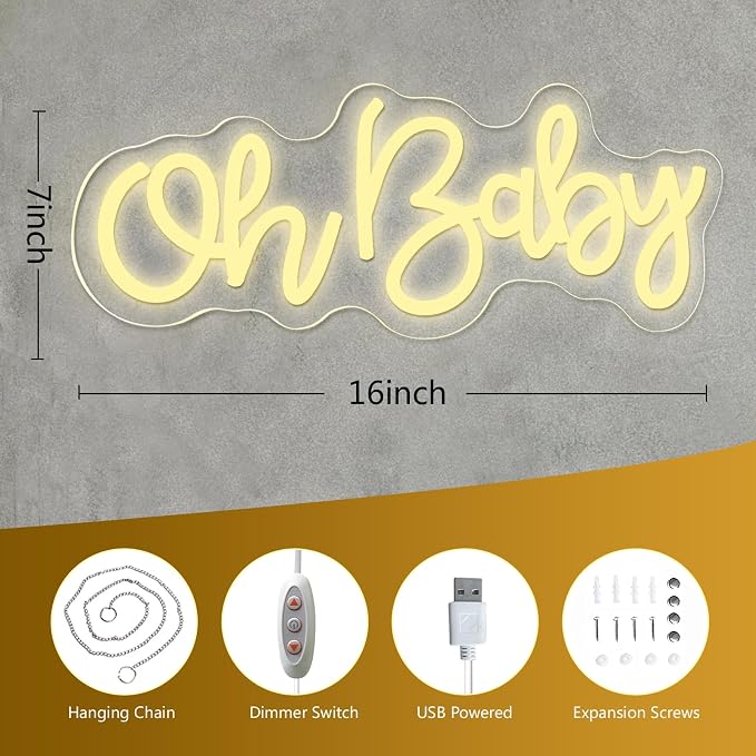 Oh Baby Neon Sign for Wall Decor, USB Powered Light Up Sign for Baby Shower | Warm White Backdrop for Gender Reveal, Birthday Party, Wedding Decorations, 16" x 7"