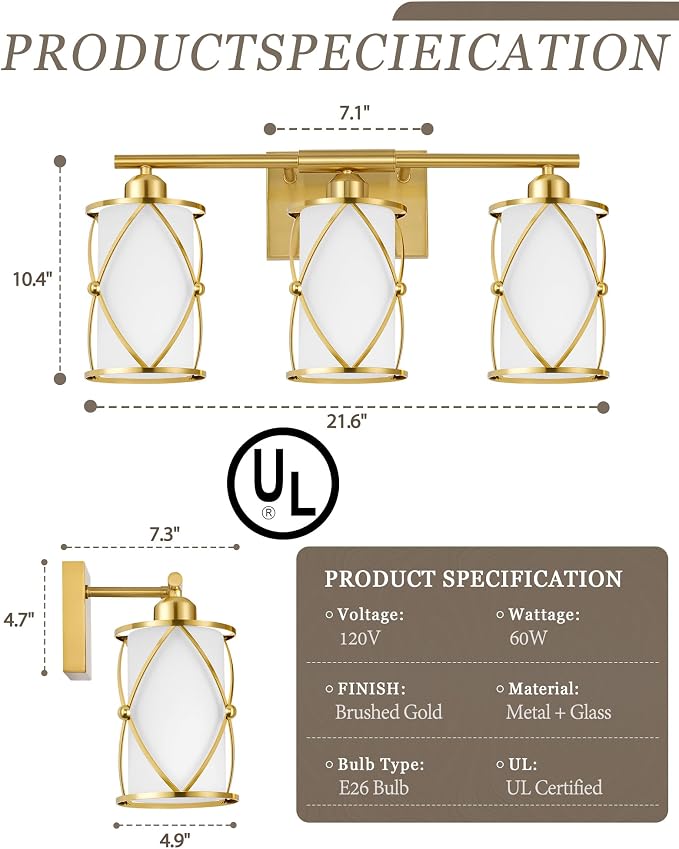 3-Light Brushed Gold Bathroom Light Fixtures with Milk Frosted Glass, 21" Modern Bathroom Vanity Lighting Fixtures Over Mirror with Metal Cage, Wall Sconce Lights for Bath, E26, CH9176BGW-3W