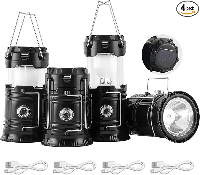 Lichamp Collapsible Portable Solar Camping Lantern, USB Rechargeable LED Flashlight - Survival Kits for Power Outages Hurricane Supplies Emergency, Indoor & Outdoor, 4-Pack