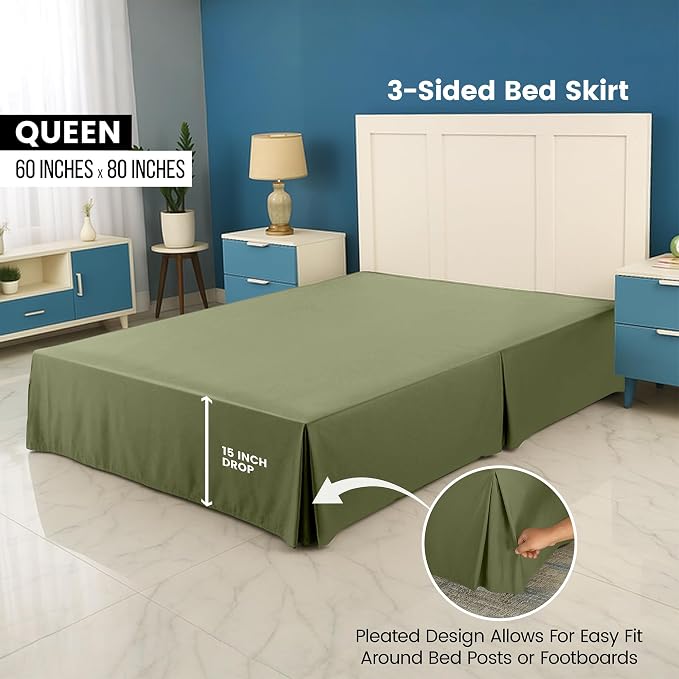 King Bed Skirt, Hides Under-Bed Storage 16 Inch Drop, Pleated, Olive | Easy Fit Design, Shrinkage & Fade Resistant, Hotel Style, Microfiber Durable Fabric, Machine Washable