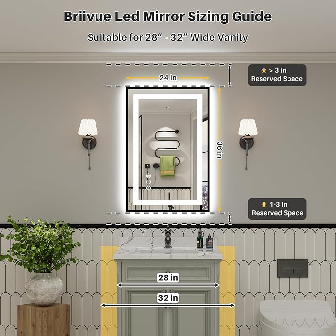24x36 Inch LED Bathroom Mirror with Black Frame, Backlit & Front Lit | Anti-fog, 3 Color Dimmable, Memory Function, HD Reflection Tempered Glass, ETL Listed, IP54 Waterproof
