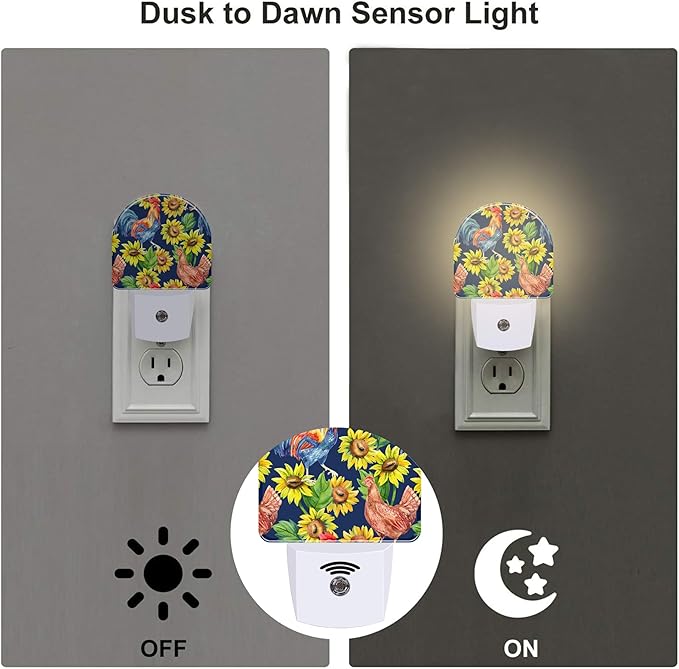 Vintage Hen Rooster with Sunflowers Night Light, Watercolor Farm Animals Floral Dusk to Dawn Night Light Plug in,0.5w Energy Saving Sleep Friendly NightLight for Kids Boys Girls Home Decor