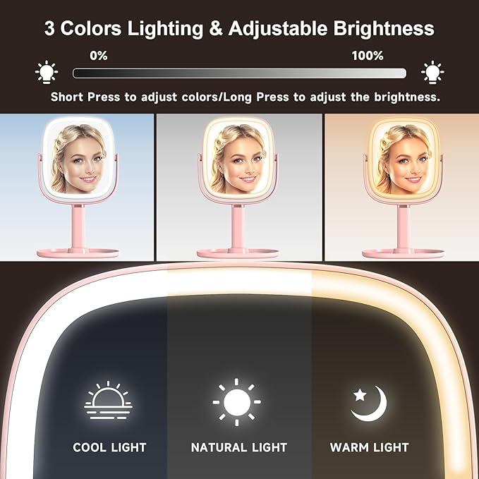 Mocado Makeup Mirror with Lights, 1X/20X Magnifying Mirror with Light, Vanity Mirror with 3 Colors Lights, Height Adjustable Lighted Makeup Mirror, Double Sided 360°Rotation, Memory Function (Pink)