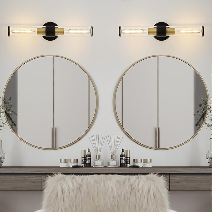 Black and Gold Wall Sconce, Bathroom Light Fixtures in Clear Glass Indoor Wall Sconces, Modern Sconce Wall Lighting Up and Down Vanity Lights Fixtures for Bathroom - Bulb Not Included