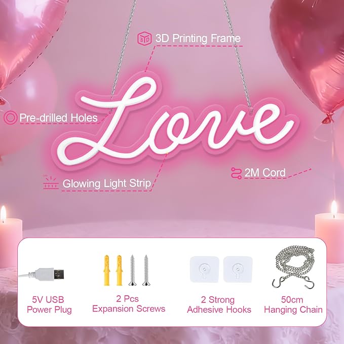 Love Neon Sign, LED Love Light up Sign Wall Decor for Girl Bedroom Christmas Valentine's Day Wife Women Birthday Gift Living Room Home Decor, 16"x 6" USB Powered 10 Pink Brightness Light up