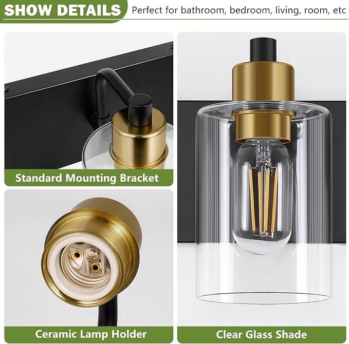 Dpyrrhic Bathroom Light Fixtures,Matte Black and Gold 4-Light Bathroom Lights with Clear Glass Shade,Modern Wall Sconces Over Mirror for Bathroom