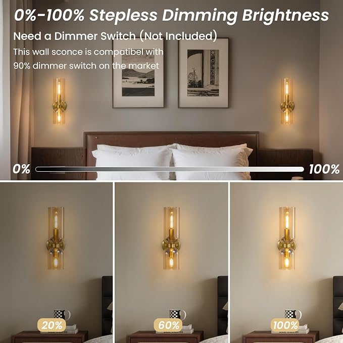 Mid Century Bathroom Wall Sconce: Set of 2 Modern Brass Gold Amber Lights | Minimalist Glass Indoor Dimmable Lighting Fixture with Bulb, Double Brushed Vanity Sconces for Bedroom Living Room Hallway