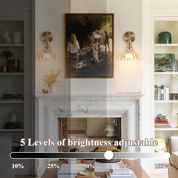 Vintage Battery Operated Wall Sconces Set Of Two, Indoor not Hardwired Brass Amber Glass Lampshade Fixtures,Rechargeable Wireless RGB Wall Lights with Dimmable Remote Control,for Bedroom Living Room