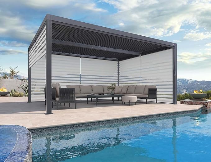 PURPLE LEAF Louvered Pergola 94AS 12' x 16' w/ 1L2W Side Shade Screen Grey | Rainproof System, Two Adjustable Roofs, 53Mph Wind Resistant, Plus Textilene Sunshade (UV Block + Breeze), Taller Design