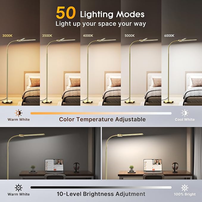 Syrinx LED Floor Lamp, 18W 2000LM Bright Reading Floor Lamp for Office, Gesture & Remote Control, Dual Head Gooseneck Standing Lamp, Dimmable Brightness & Color Temp, Floor Light for Living Room, Gold