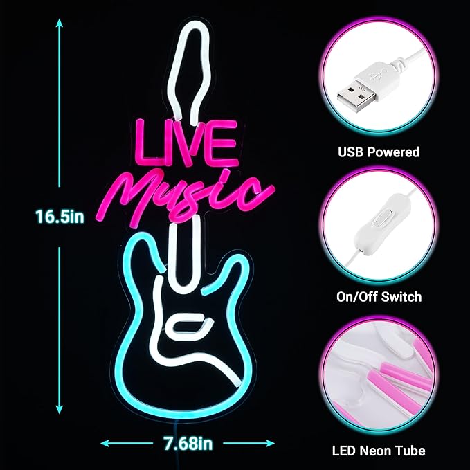 Kavaas Live Music Neon Sign for Wall Decor, LED Guitar Shaped Sign for Music Studio, Bar, Bedroom, Party, Man Cave - Best Gifts for DJs Enthusiast, Birthday, Christmas