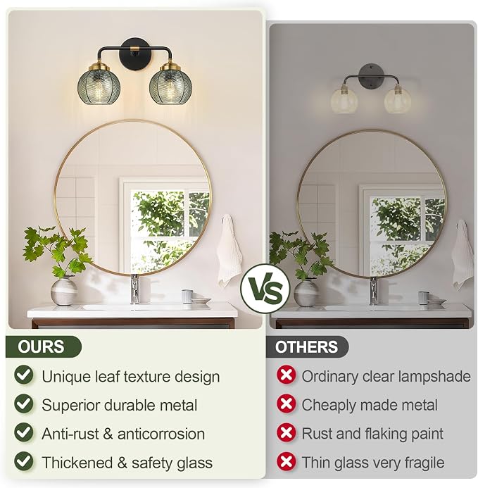 MOKATNG Bathroom Light Fixtures, 2-Light Green Vanity Lights with Unique Leaf Texture Glass Shade, Modern Matte Black and Gold Bathroom Wall Lamp for Mirror Hallway Cabinet Living Room