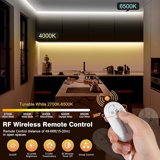 COB LED Strip 32.8ft, Dimmable 2700K-6500K High Bright Dotless LED Tape Light with Remote and APP Control, 6080LEDs, DC24V, CRI>90, 8mm Width, Warm White to Cool White LED Strip Lights for Bedroom