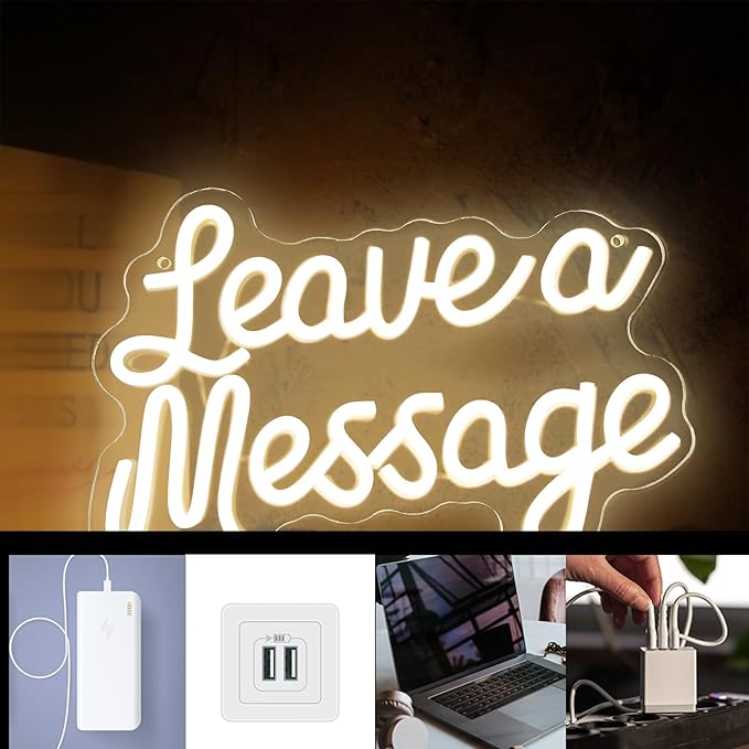 Leave A Message Neon Sign, Guestbook Neon Light LED Reception Desk Welcome Sign USB Powered Dimmable, for Wedding Hotel Spa Salon Storefront Business Wedding Backdrop Decor(12.5 * 8.4 In)