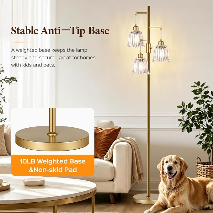 Dimmable Flower Floor Lamp, 3 x 900LM LED Bulbs Included, Modern | 70" Gold Tree Standing Lamp, 3 Lights Elegant Clear Glass Flower Shade, Vintage Floor Lamps for Living Room, Bedroom, Office
