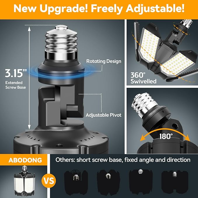 LED Garage Light Super Bright 15000LM LED Shop Ceiling Lights 6500K Garage Lighting, 360°&180° Adjustable Basement Lights with 6 Deformable Panels Screw in E26 E27 Socket for Storage Attic, 4 Pack