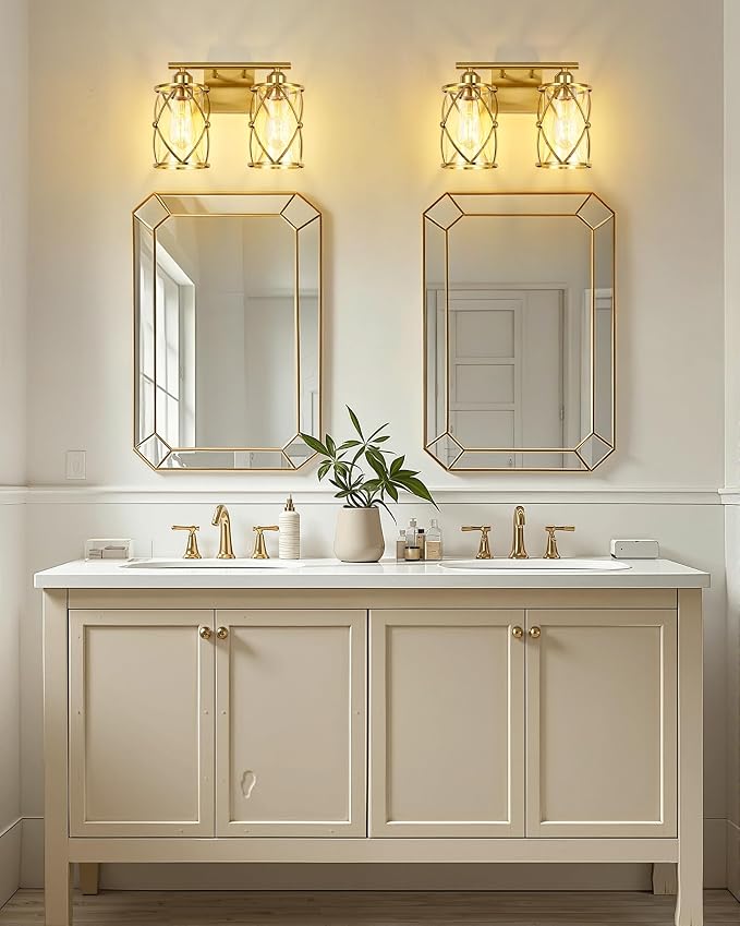 2-Light Brushed Gold Bathroom Light Fixtures, 13.8 Inch Modern Bathroom Vanity Lighting Fixtures Over Mirror with Clear Glass and Metal Cage Wall Sconce Lights for Bath, E26, CH9176BG-2W